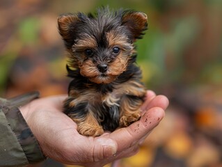 A small black and brown puppy is being held in a man's hand.