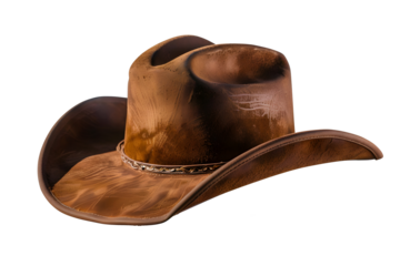 Rodeo horse rider, wild west culture, Americana and american country music concept theme with a brown leather cowboy hat isolated on white background with clip path cut out
