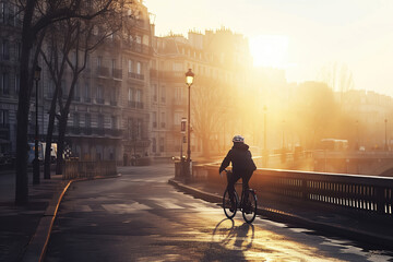 Male biker riding a bicycle at early morning on a street of Paris, France.