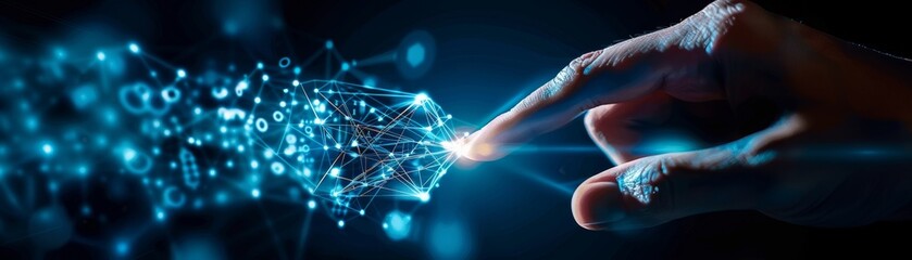 Hand touching glowing digital network, abstract blue background, technology concept.