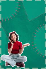 Young girl is sitting, she is talking on the phone making expressions, the green background is very colorful.