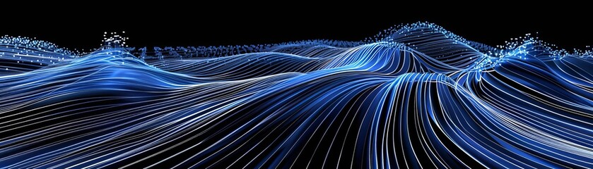 Naklejka premium Big data sci-fi abstract background, particles on optical fiber digital network connecting servers, Cyberspace, internet or innovation concept, with copy space.