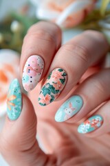 A person holding up a nail with floral designs.