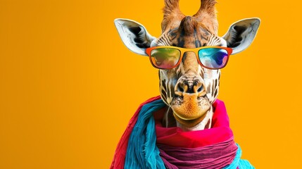 Funny giraffe in sunglasses and scarf on yellow background.