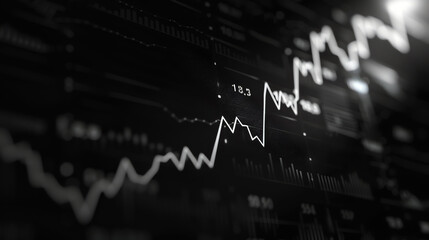 Black and white image of a stock market chart with a glowing green line indicating the current price. - Powered by Adobe