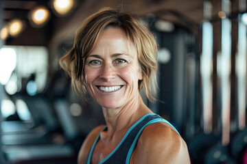 Fototapeta premium Smiling mature woman in gym. Middle aged woman in fitness center.