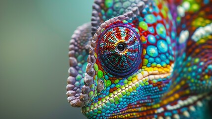 A closeup of a chameleon's eye. The eye is a bright,è™¹å½©çš„, and has a complex pattern of scales around it.