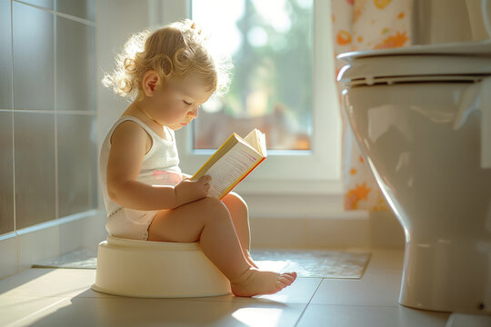 Adorable toddler reading a book during potty training. Training a child to use toilet.