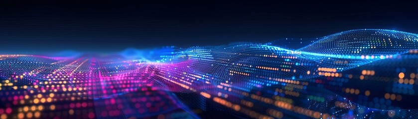 Abstract digital landscape with flowing waves of blue and purple light.