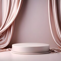 An empty round platform podium set against a stunning beige backdrop, accentuated with elegant drapery and the smooth waves of silk fabric, ideal for product or cosmetics promotions and advertisements
