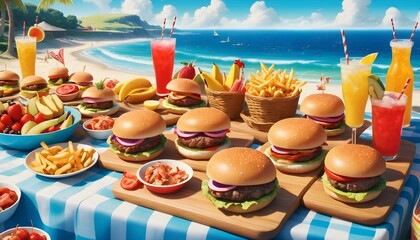 international picnic day with all picnic stuff including drinks fast food junk food and so many other items of eating are holding on a cloth behind it a attractive view of nature concept