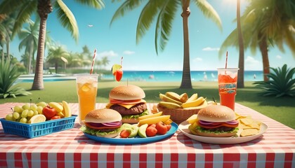 Obraz premium international picnic day with all picnic stuff including drinks fast food junk food and so many other items of eating are holding on a cloth behind it a attractive view of nature concept