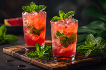 Fresh summer drinks cocktails with berries, fruits, ice and frost on glasses. Vacation open beach bar concept.