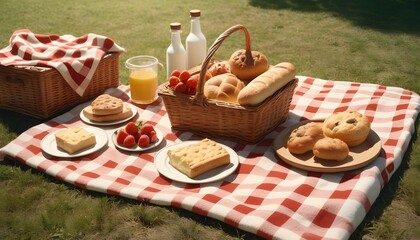 international picnic day with all picnic stuff including drinks fast food junk food and so many other items of eating are holding on a cloth behind it a attractive view of nature concept