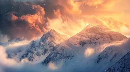 a mountain scenery in the golden hour, with clouds in the background and snow pouring down