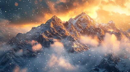 a mountain scenery in the golden hour, with clouds in the background and snow pouring down