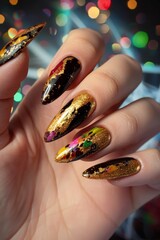 A person holding up gold and black nails with glitter.