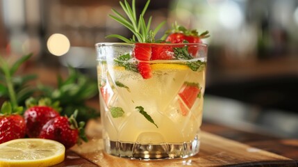 American cuisine. Lemonade with mint, tarragon and strawberries. 