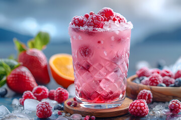 Fresh summer drinks cocktails with berries, fruits, ice and frost on glasses. Vacation open beach bar concept.