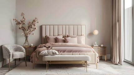 An HD image of a guest bedroom with a blush pink bed and coordinating furniture, leaving negative space.