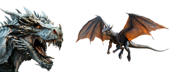 Flying and full body dragon in close up set, Isolated on Transparent Background, PNG