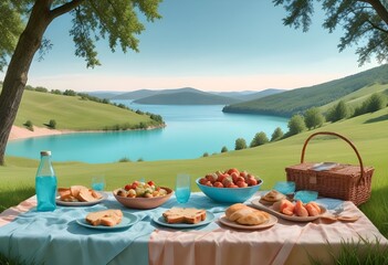 international picnic day with all picnic stuff including drinks fast food junk food and so many other items of eating are holding on a cloth behind it a attractive view of nature concept