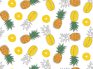 Doodle Pineapple seamless pattern. Exotic fruit outline drawn. Summer funny background. Pattern with ananas for cover, wallpaper, packaging. Ingridient for limonade, cocktail, dessert