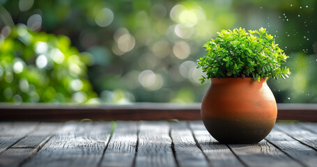 terracotta pot with lush green shrubbery on wooden table outdoors with bokeh background - Powered by Adobe