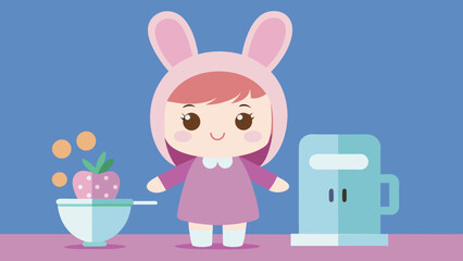 cute girl in a pink bunny costume standing near cartoon vector illustration