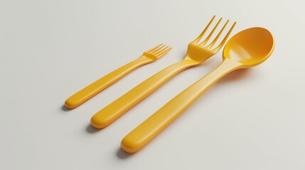 Orange plastic spoon, fork and knife on a white background. The handles are smooth and rounded. The fork has four tines.