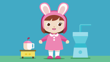 cute girl in a pink bunny costume standing near cartoon vector illustration