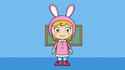 cute girl in a pink bunny costume standing near cartoon vector illustration