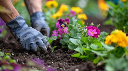Fototapeta premium Hands tending to colorful flowers in a vibrant garden bed