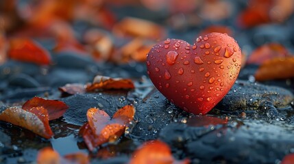 A red heart is sitting on the ground with water droplets.