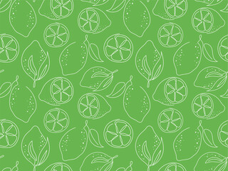 Citrus doodle seamless pattern. White outline of lime on a green background. Sketch fresh fruit slices illustration. Ornament for packaging, cover, wallpaper