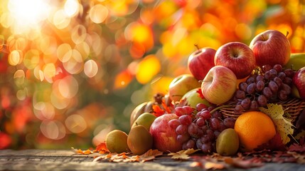 Autumn harvest display of fresh fruit with blurred bokeh on background