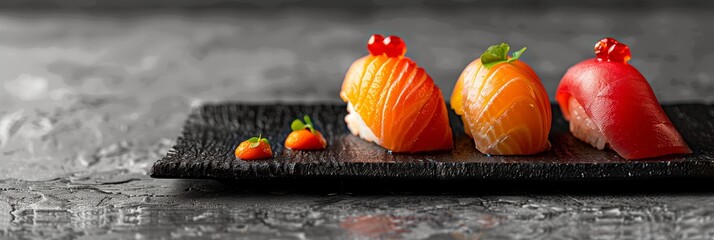 Vibrant sushi selection elegantly presented on a dark wooden tray against a textured backdrop with space for text - Powered by Adobe