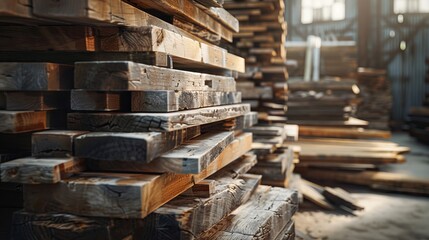 A stack of wood in a warehouse.