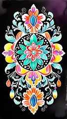 colorful mandala with circular pattern surrounded by petal-like shapes against dark background. concepts: cultural events, celebrations and festivals, artistic workshops or spiritual gatherings