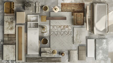An organized layout featuring cement tiles, wooden panels, and fabric textures in various neutral tones.
