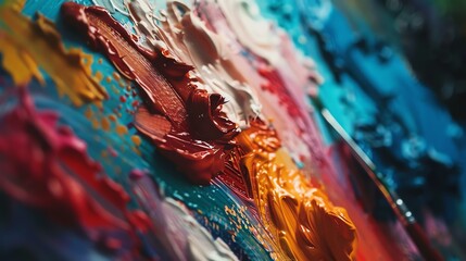 Colorful abstract painting. Thick oil paints on canvas. Bright and vivid colors. Close up.