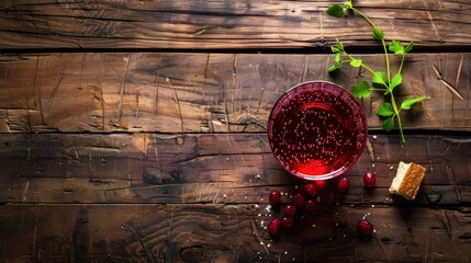 From a bird s eye perspective a Holy Communion scene unfolds on a rustic wooden table within a church setting The act of partaking in Communion is depicted with a glass cup filled with red