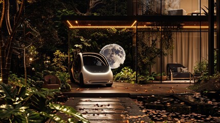 Futuristic Transport Concept. Electric Car in a Residential Science-Fiction Environment.