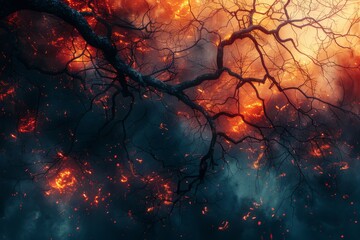 A surreal scenery with fiery red branches starkly contrasted against a gloomy sky
