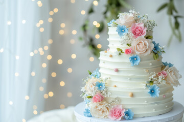 Fototapeta premium Sophisticated, elegant handmade wedding cake in white and blue colors on a holiday table. Copy space.