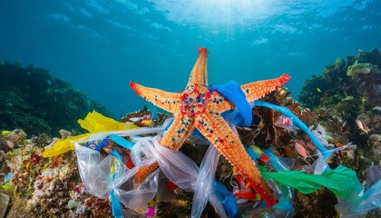 Generated image of sea star made of plastic garbage in the sea