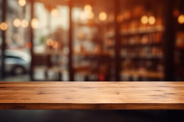Wooden table against the background of door and display in supermarket, featuring blurred defocused backdrop with enchanting lights and place for text