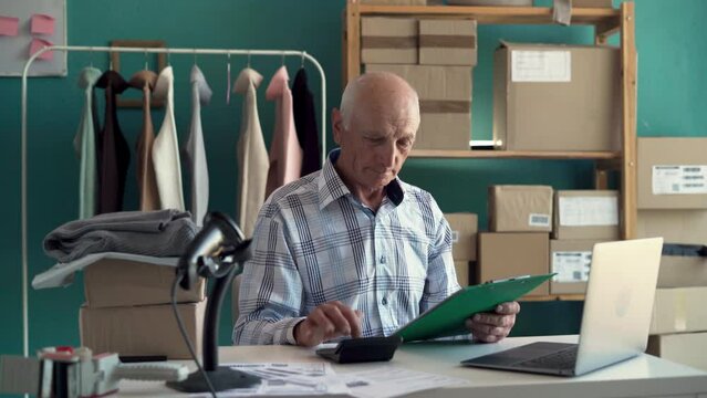 Old man small business owner working at home office. Online marketing, startup SME, entrepreneur man