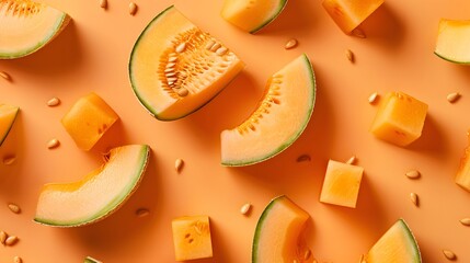 Diagonal composition of melon halves, diced cubes, and seeds on a bright orange background,...