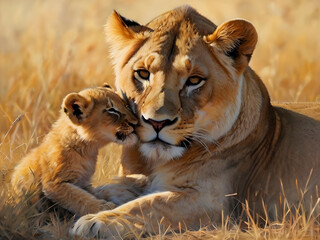 Obraz premium Majestic lioness cradles her playful cub, radiating love.